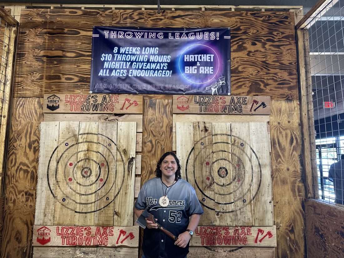Jacob Hammers, who won the hatchet tournament, at Lizzie's Axe Throwing in Northglenn, Colorado, on August 1. Hammers threw his first axe in January 2025. Rico Vecchiarelli /